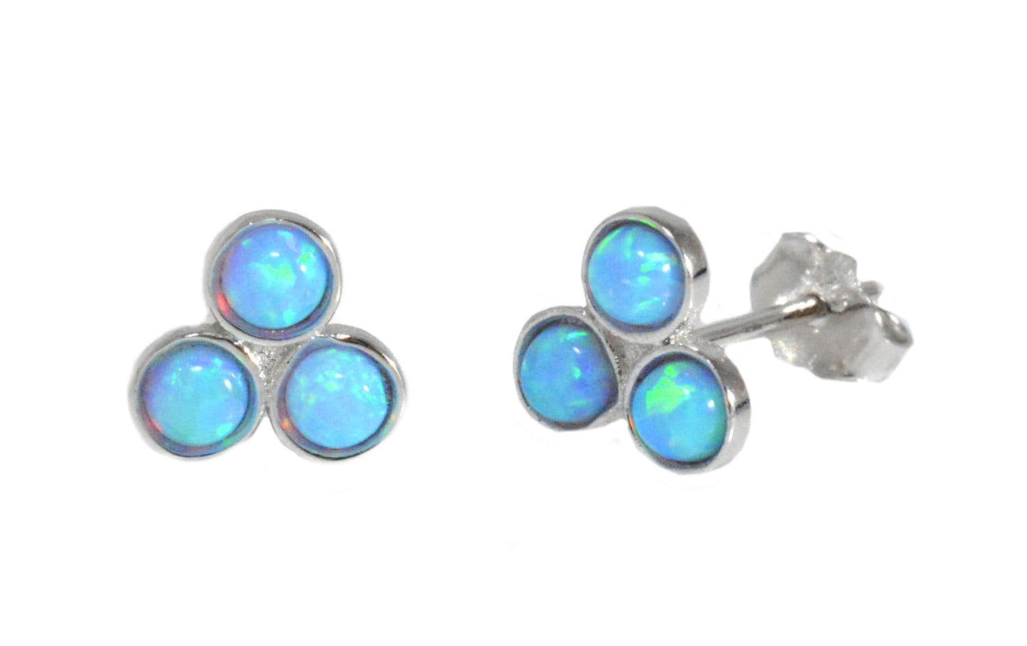 Blue Opal Trio Dot Circle Stud Earrings in Sterling Silver - Silver or Gold - Geometric Minimalist , Fire Opal Trio Earrings, Three Opals