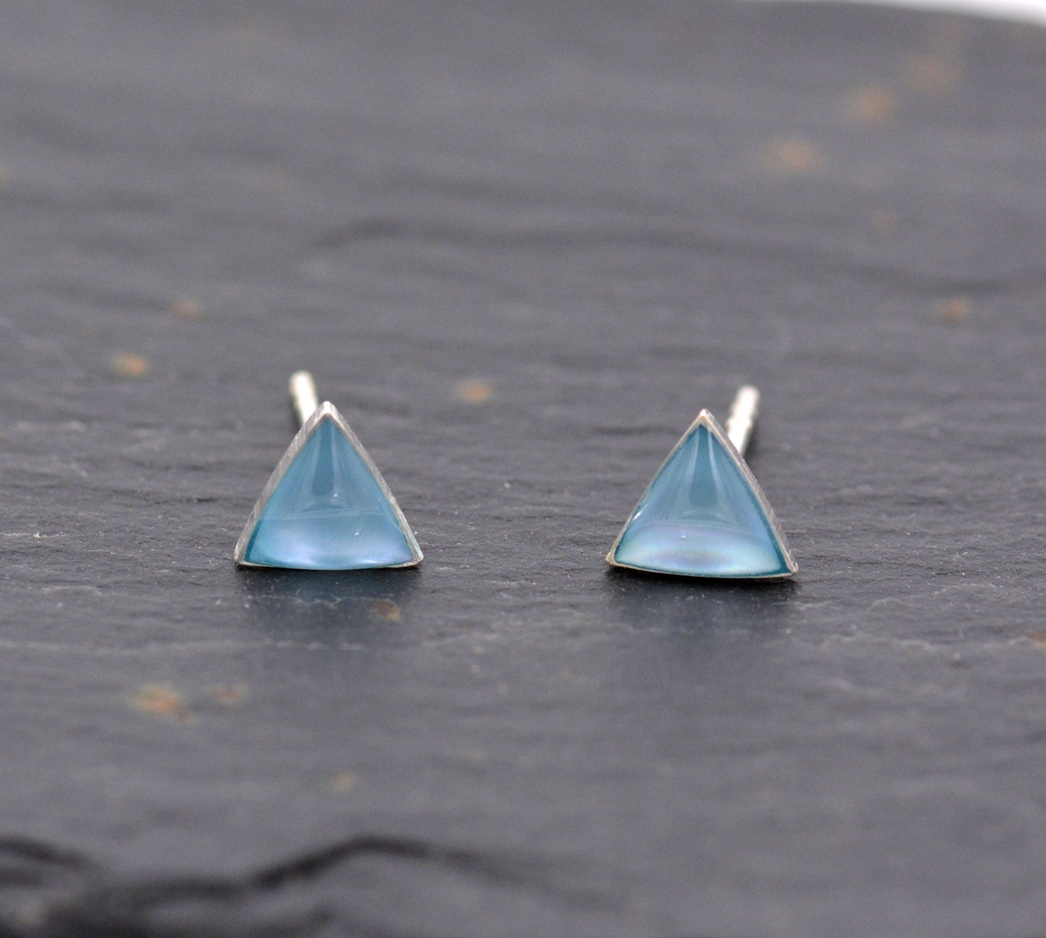 Sterling Silver Very Tiny Maldive Blue Triangle Stud Earrings with Resin Glaze - Simple and Discreet - Geometric and Minimalist