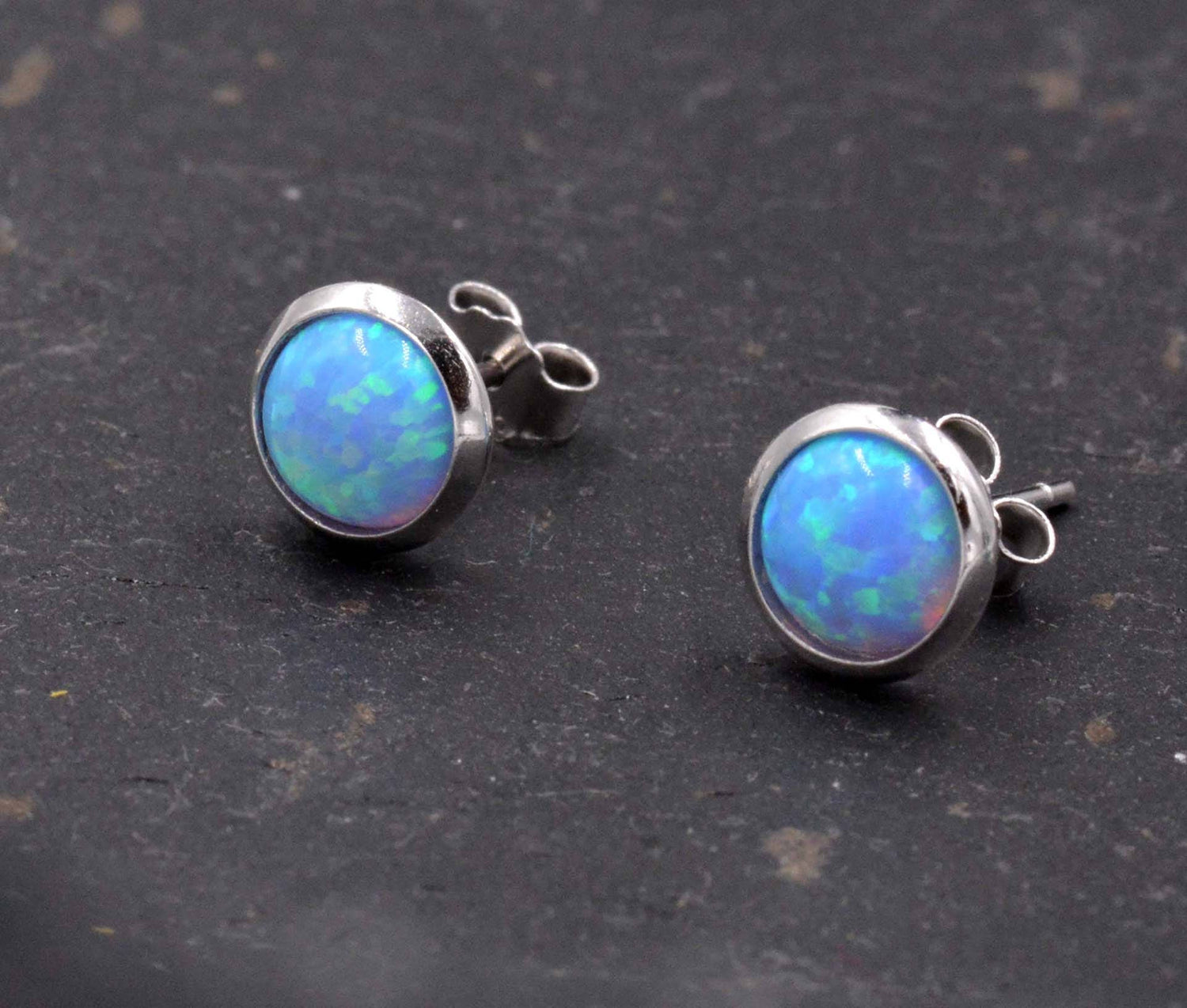 Sterling Silver Blue Opal White Opal Stone Crystal Stud Earrings. Round Minimalist Dot Geometric Design. bridesmaid jewellery.