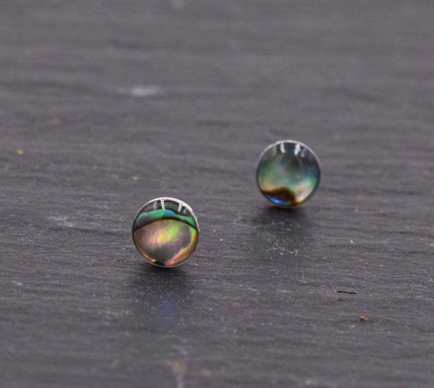 Sterling Silver Super Cute Dainty Little Circle Disk Dot Stud Earrings, Sea Abalone Paua Shell, Minimalist Geometric Design H14
