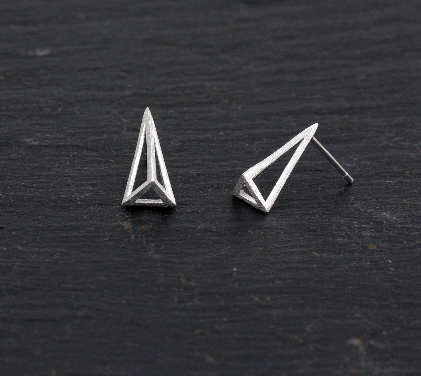 Sterling Silver Geometric Triangle Pyramid Spike Stud Earrings,  Textured Finish