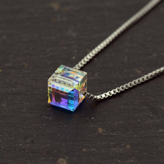 Sterling Silver Tiny Little Colour Changing Crystal Pendant Necklace  - Minimalist Design -  Square Cube, Droplet and Star - 16'' - 18''