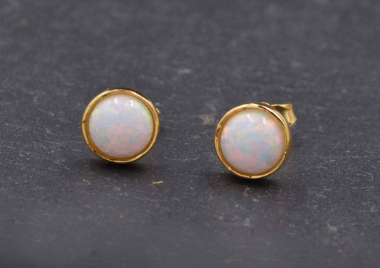 Gold Vermeil (Gold Plated Sterling Silver) Blue and White Opal Stone Crystal Stud Earrings. Round Minimalist Dot Geometric Design.