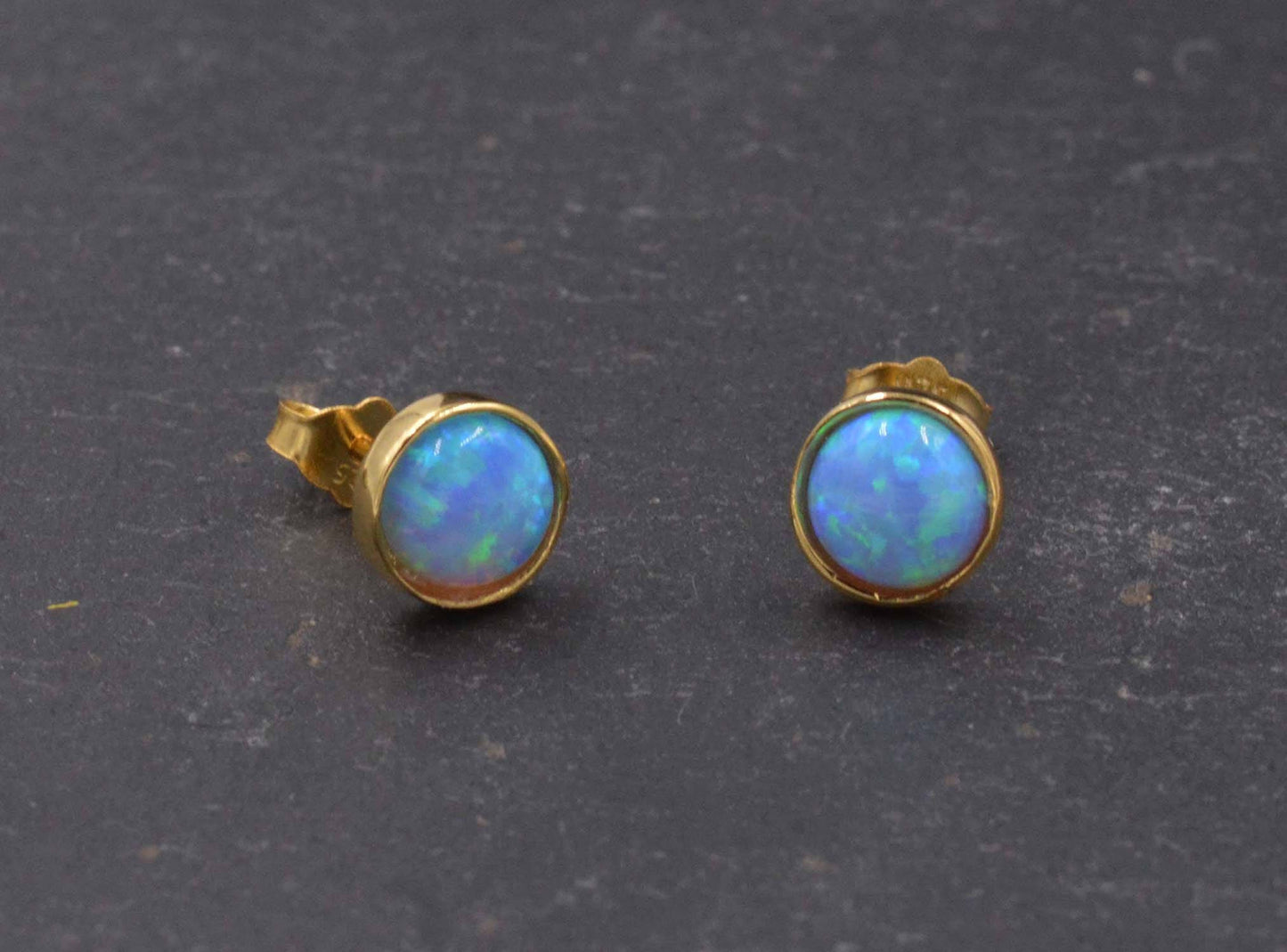 Gold Vermeil (Gold Plated Sterling Silver) Blue and White Opal Stone Crystal Stud Earrings. Round Minimalist Dot Geometric Design.