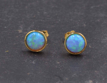 Gold Vermeil (Gold Plated Sterling Silver) Blue and White Opal Stone Crystal Stud Earrings. Round Minimalist Dot Geometric Design.