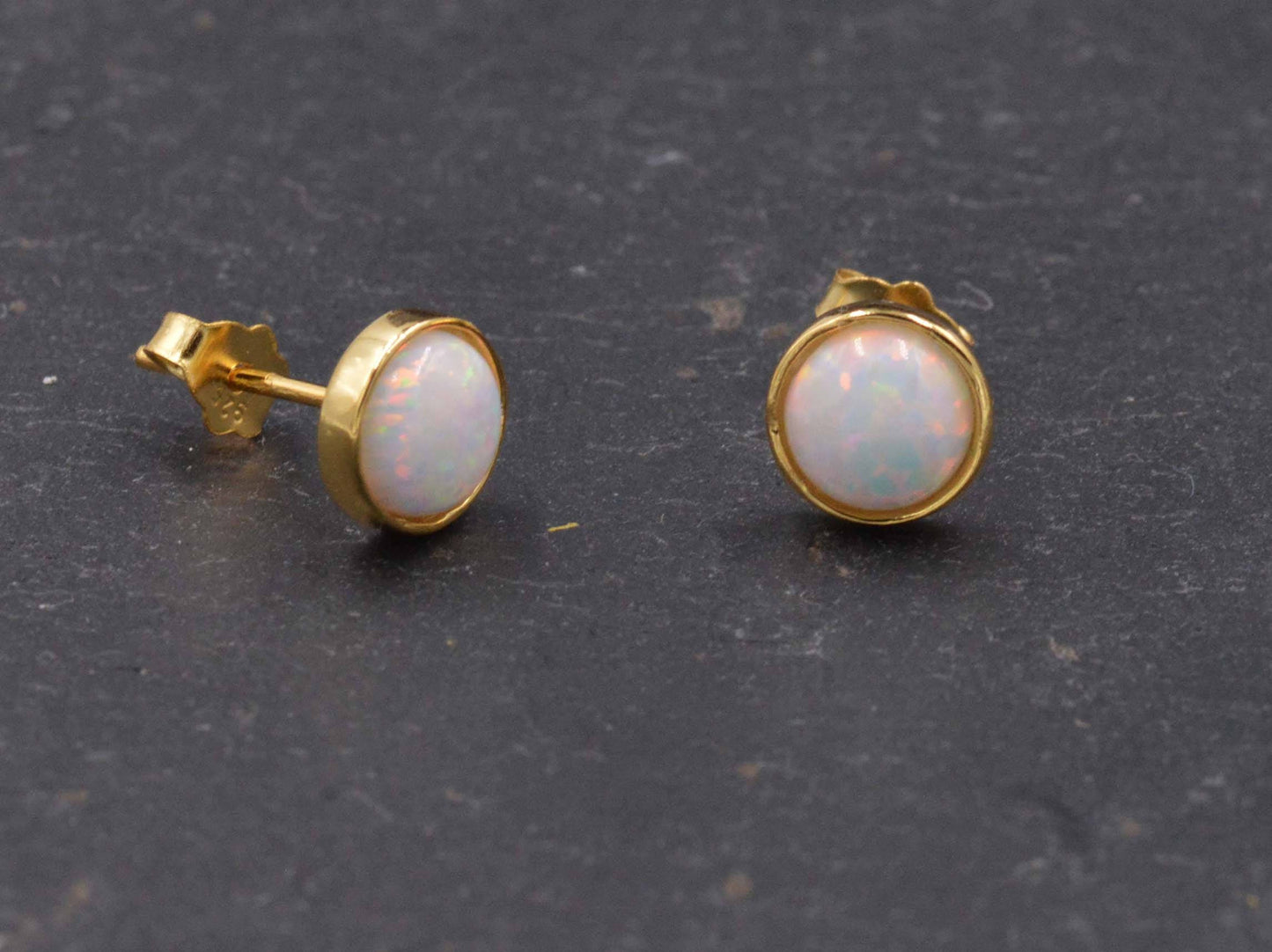 Gold Vermeil (Gold Plated Sterling Silver) Blue and White Opal Stone Crystal Stud Earrings. Round Minimalist Dot Geometric Design.