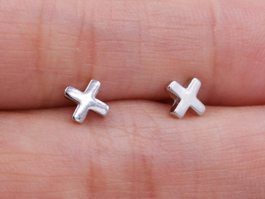 Sterling Silver Tiny Little Crosses Cross xx Kiss Stud Earrings, Dainty and Discreet, Simple and Minimalist Design, Geometric