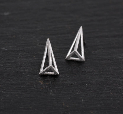 Sterling Silver Geometric Triangle Pyramid Spike Stud Earrings,  Textured Finish