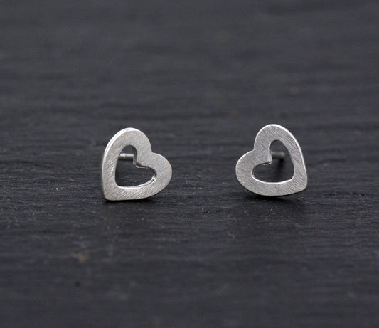 Sterling Silver Cute Little Open Heart Stud Earrings , Textured Finish, Simple Minimalist Design  H50