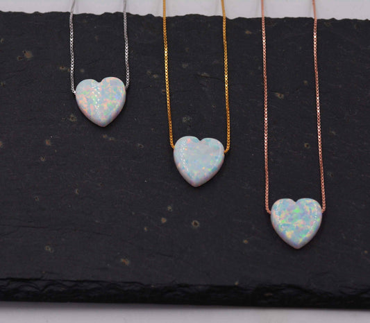 White Opal Heart Pendant. Delicate Sterling Silver Necklace. Gold Plated or Rose Gold Plated. Dainty and Delicate.