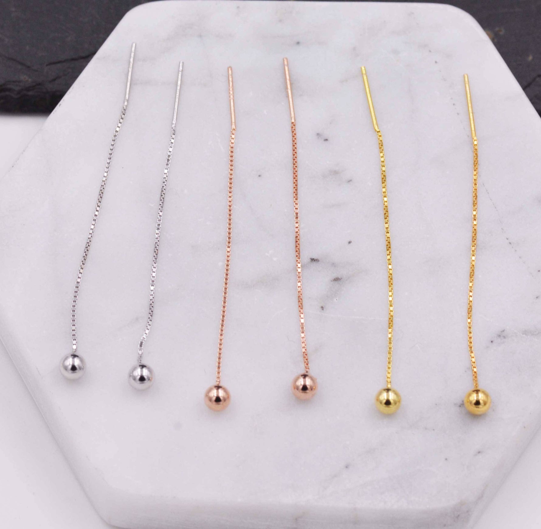 Sterling Silver Ball Earrings Ear Threaders/ Earthreads/ Threader Earrings/ Geometric Earrings/ Minimalist Design Gold and Rose Gold
