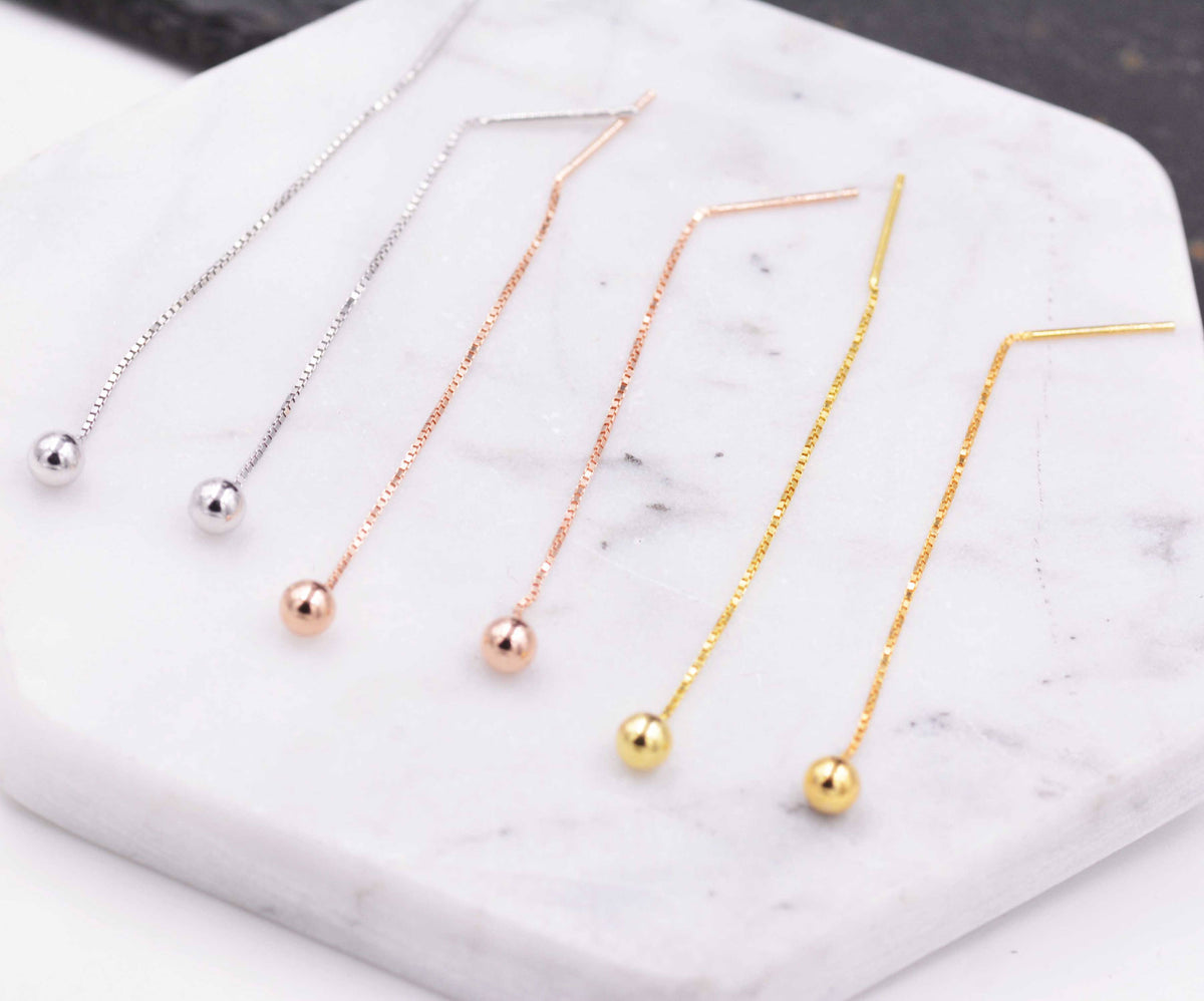 Sterling Silver Ball Earrings Ear Threaders/ Earthreads/ Threader Earrings/ Geometric Earrings/ Minimalist Design Gold and Rose Gold