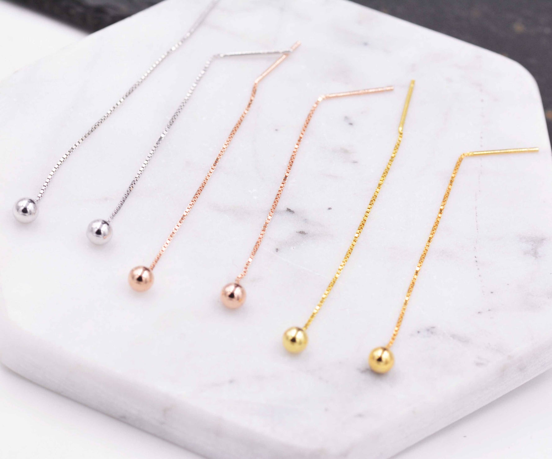 Sterling Silver Ball Earrings Ear Threaders/ Earthreads/ Threader Earrings/ Geometric Earrings/ Minimalist Design Gold and Rose Gold