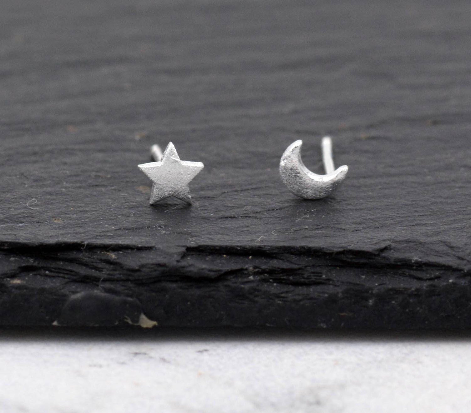 Sterling Silver Very Tiny Pair of Mismatched Asymmetric Moon and Star  Stud Earrings, Cute and Quirky Jewellery, Textured Finish