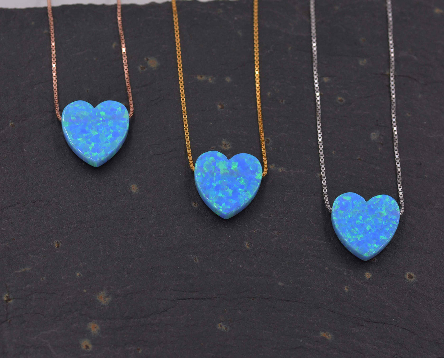 Blue Opal Heart Pendant. Delicate Sterling Silver Necklace. Gold Plated or Rose Gold Plated. Dainty and Delicate.