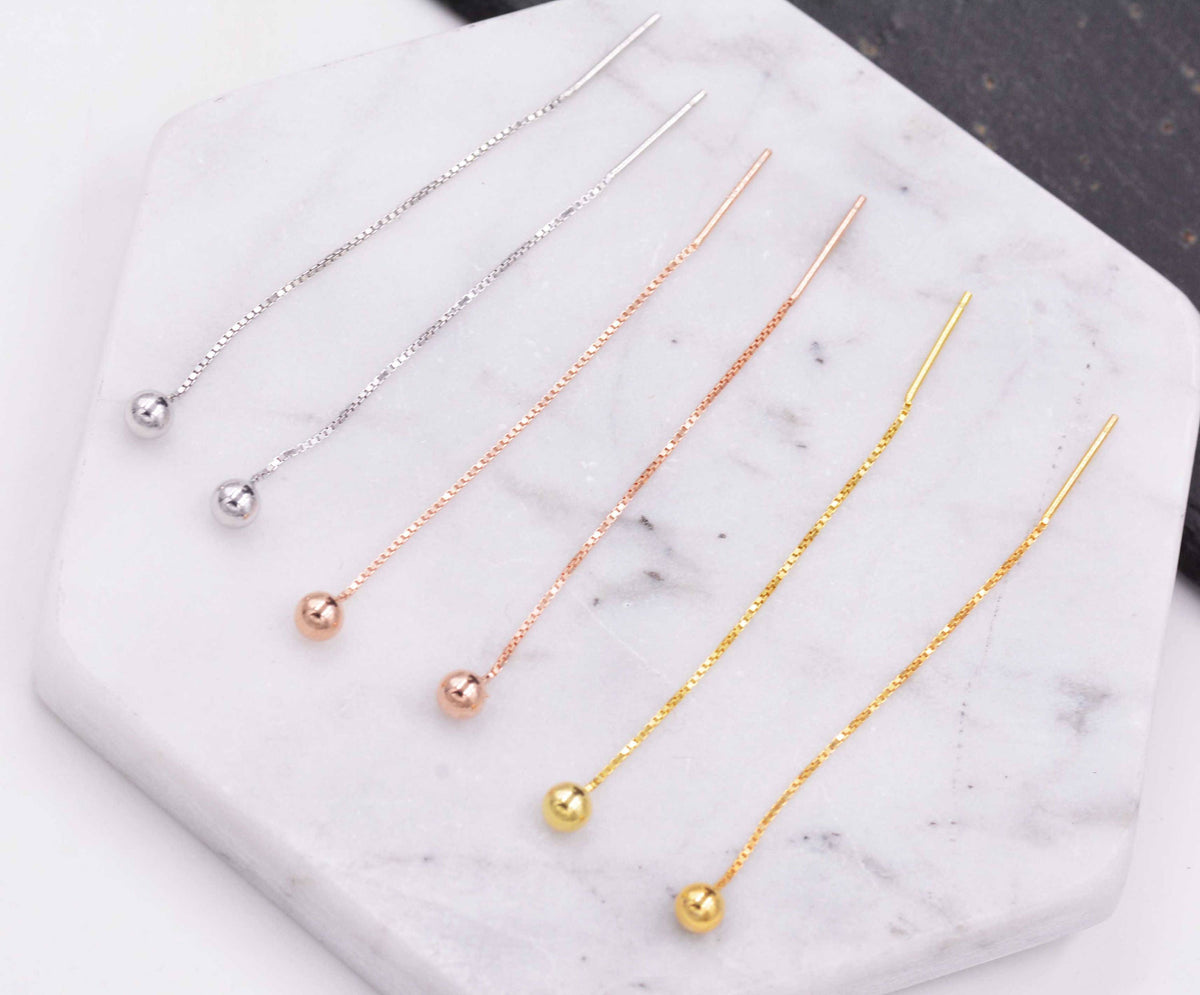 Sterling Silver Ball Earrings Ear Threaders/ Earthreads/ Threader Earrings/ Geometric Earrings/ Minimalist Design Gold and Rose Gold