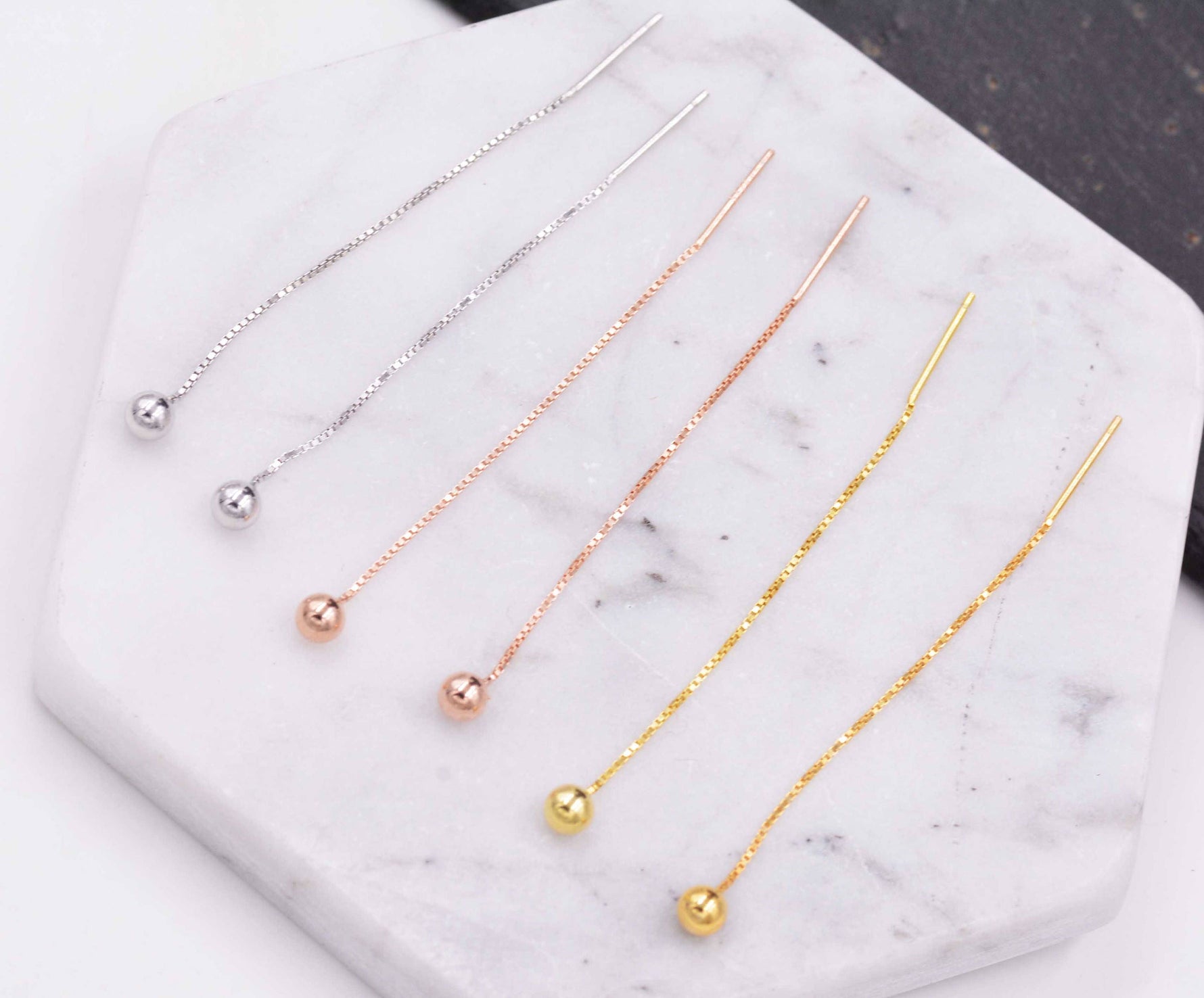 Sterling Silver Ball Earrings Ear Threaders/ Earthreads/ Threader Earrings/ Geometric Earrings/ Minimalist Design Gold and Rose Gold