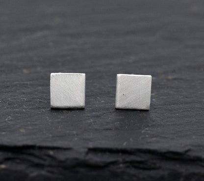 Very Tiny Sterling Silver Minimalist Square Brushed Finish  Stud Earrings, Geometric Design, Simple and Classic, Textured Finish