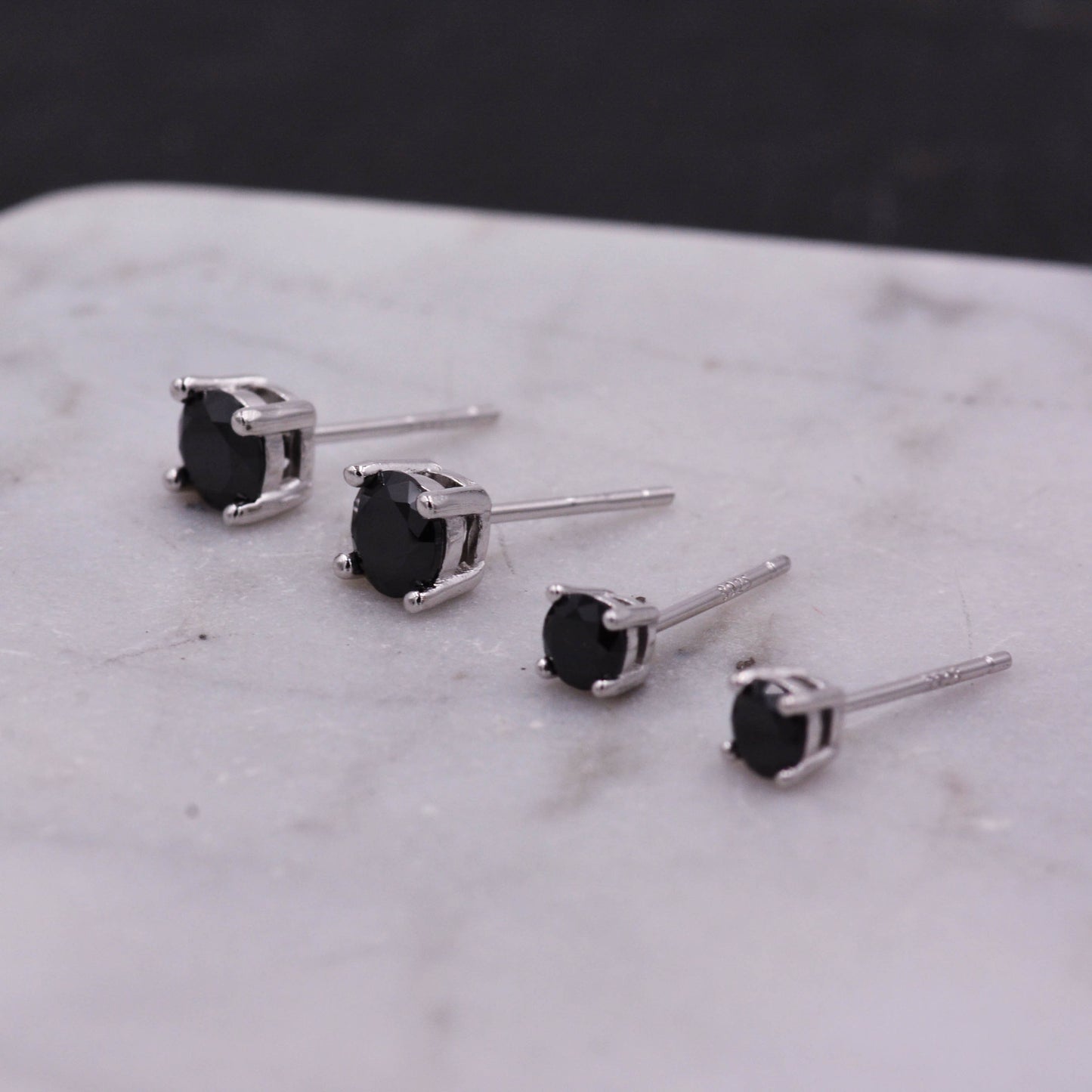 Sterling Silver CZ Crystal Solitaire Stud Earrings, Simulated Black Diamond, Minimalist Classic and Elegant Jewellery