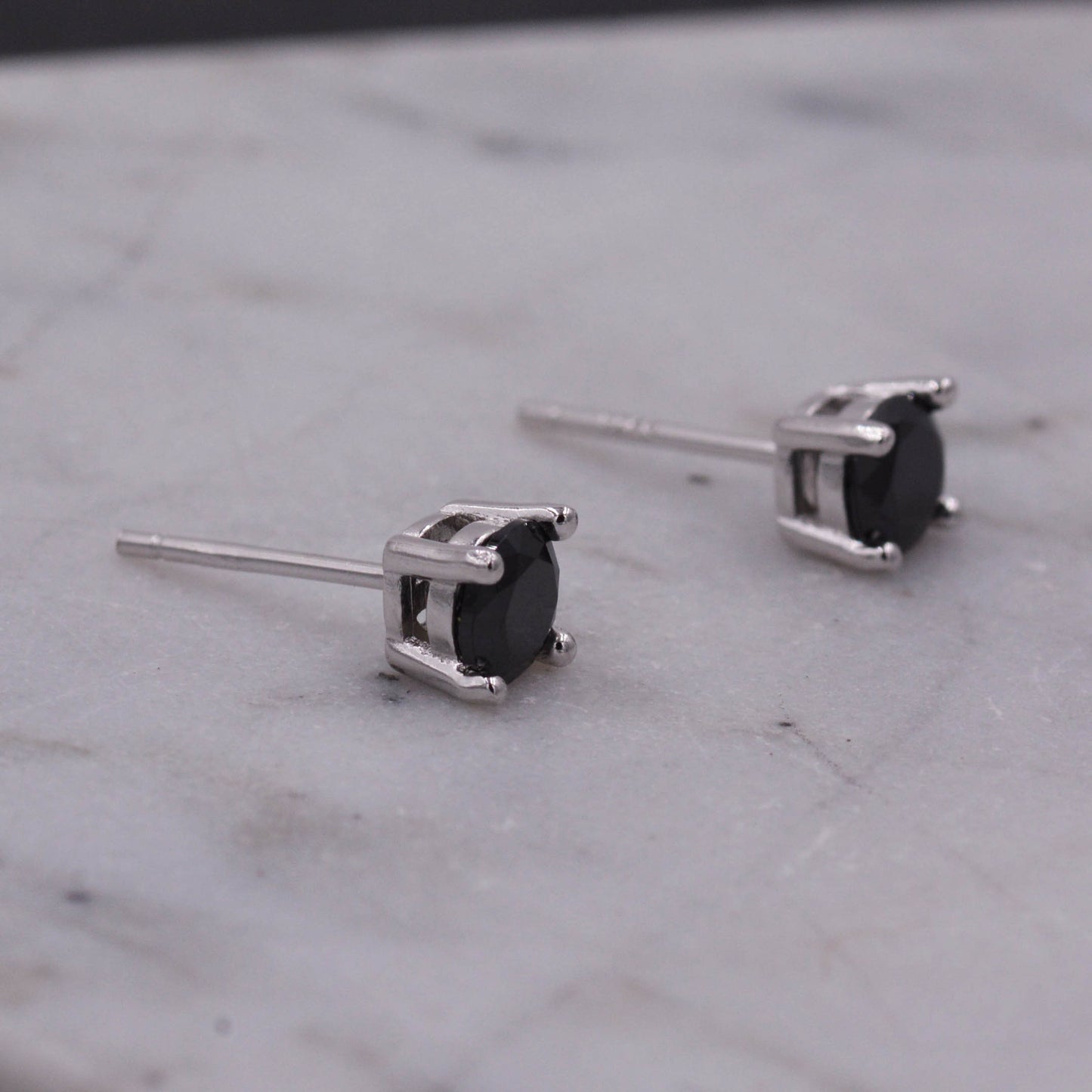 Sterling Silver CZ Crystal Solitaire Stud Earrings, Simulated Black Diamond, Minimalist Classic and Elegant Jewellery