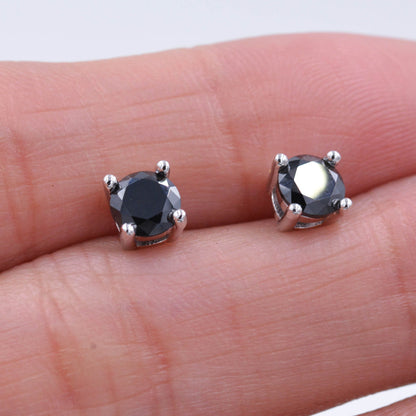 Sterling Silver CZ Crystal Solitaire Stud Earrings, Simulated Black Diamond, Minimalist Classic and Elegant Jewellery