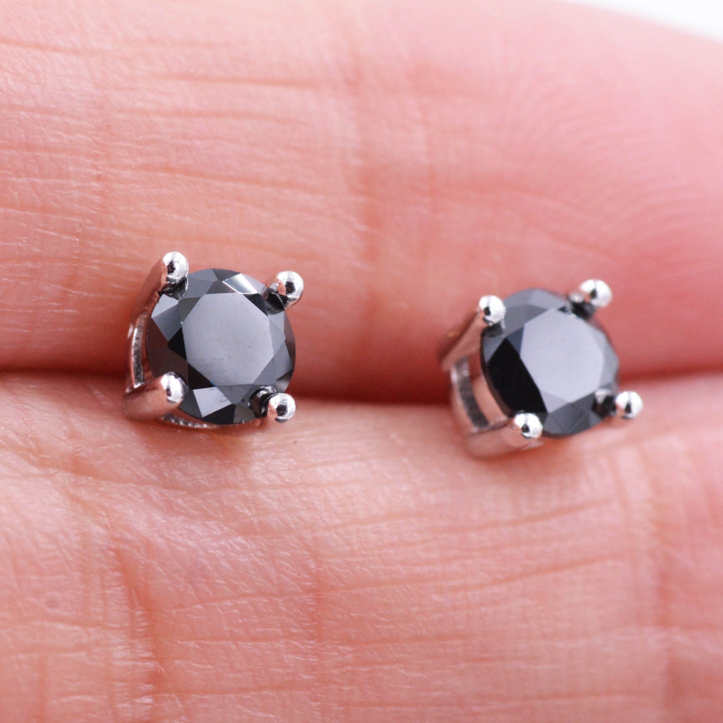 Sterling Silver CZ Crystal Solitaire Stud Earrings, Simulated Black Diamond, Minimalist Classic and Elegant Jewellery