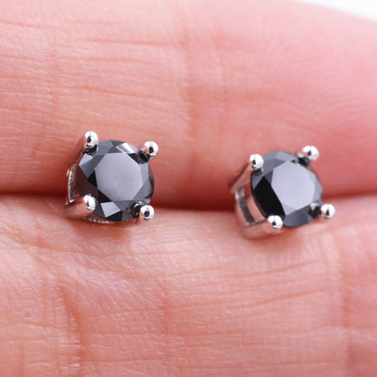 Sterling Silver CZ Crystal Solitaire Stud Earrings, Simulated Black Diamond, Minimalist Classic and Elegant Jewellery