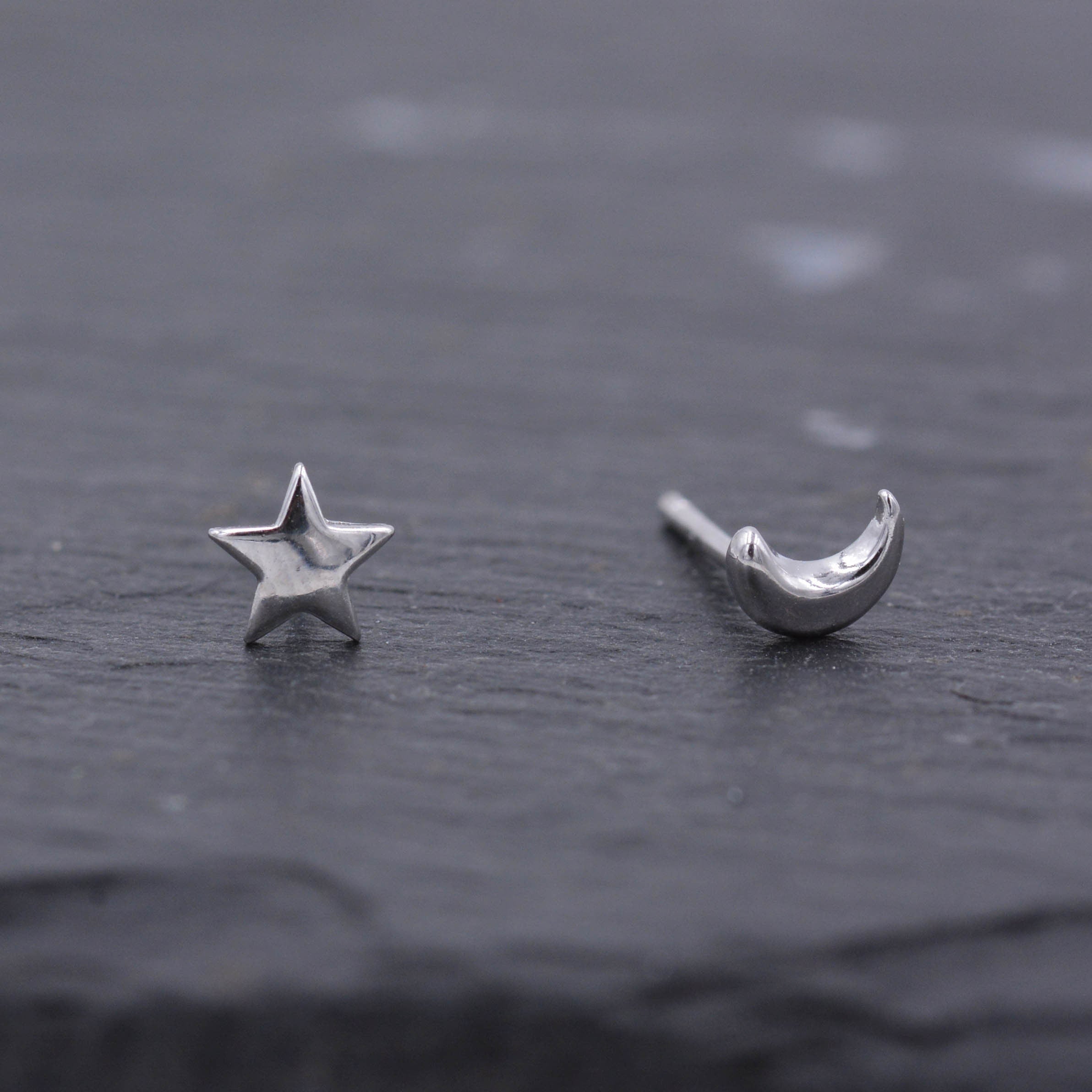Cute Tiny Moon & Star Asymmetric Stud Earrings - Surgical Steel - Minimalist Silver Jewelry - Tyche.21