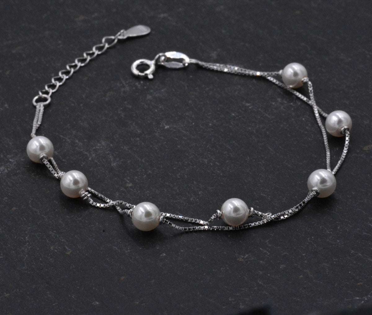 Sterling Silver Beautiful Pearl Minimalist Charm Layer Bracelet - Adjustable Length - Simple and Elegant Jewellery B58