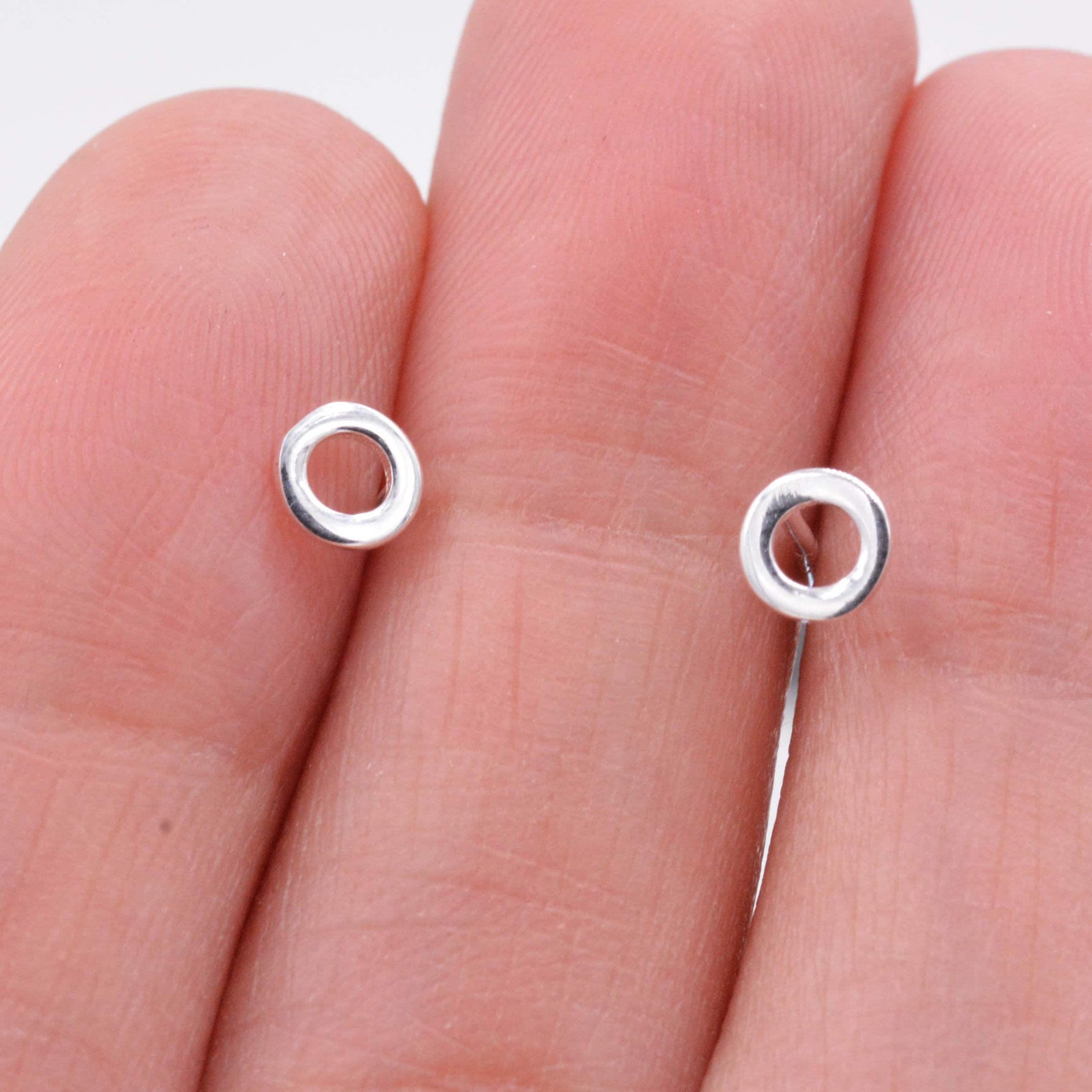 Small Pair of Sterling Silver Tiny Little Open Circle Dot Minimalist Geometric Stud Earrings, Dainty and Delicate Design
