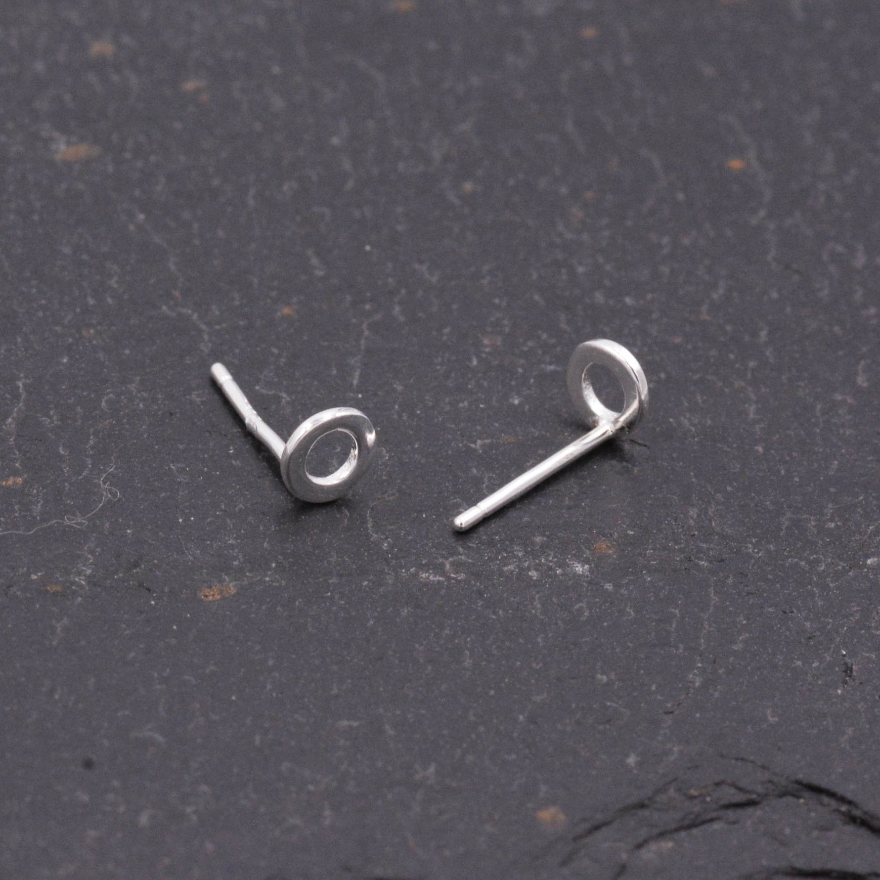 Small Pair of Sterling Silver Tiny Little Open Circle Dot Minimalist Geometric Stud Earrings, Dainty and Delicate Design