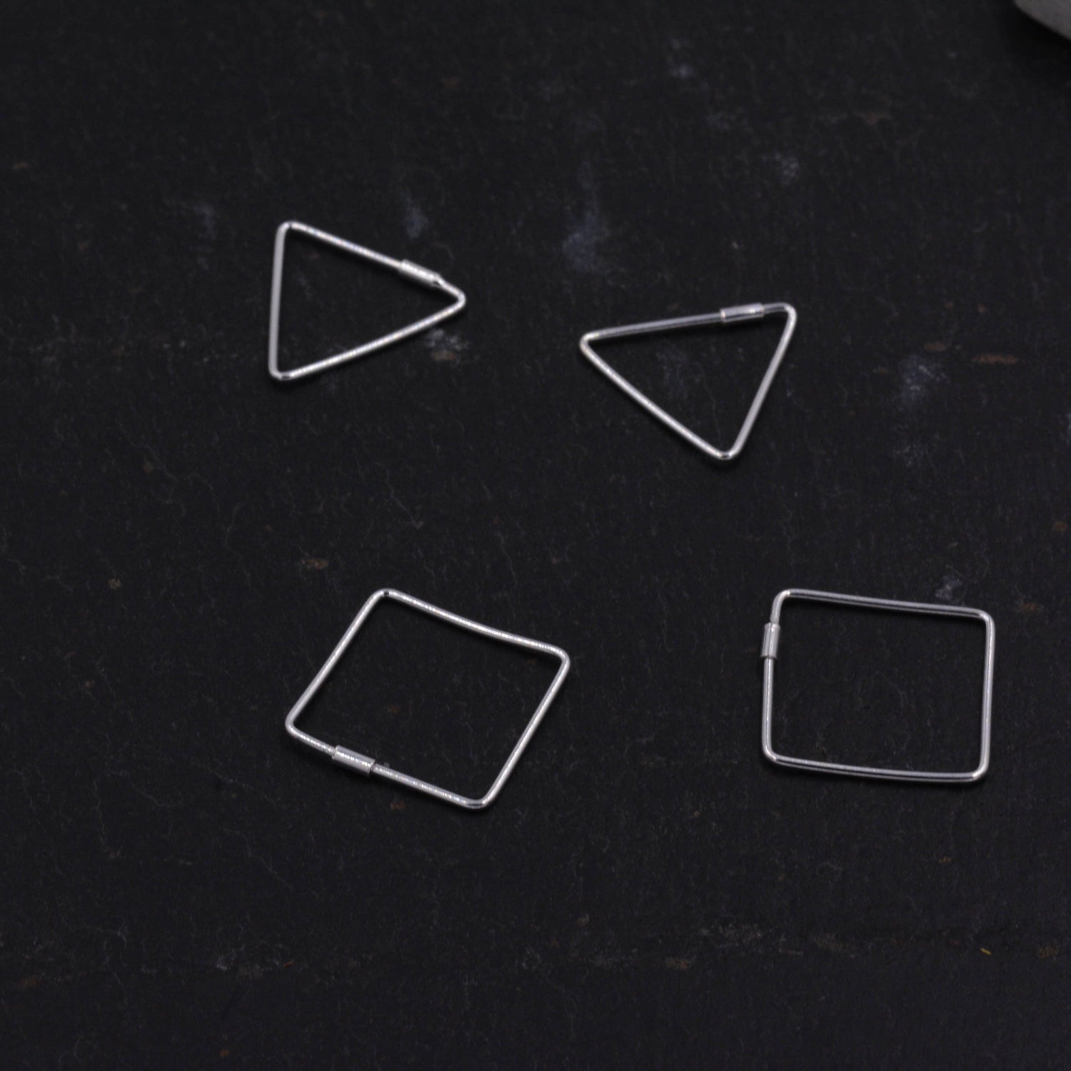 Sterling Silver Minimalist Geometric Square and Triangle Hoop Creole Style Earrings, Dainty and Delicate, Modern Contemporary Design