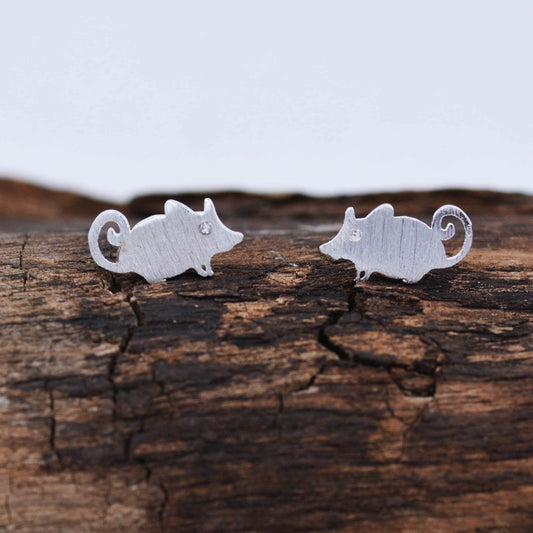 Super Cute Little Mouse Stud Earrings in Sterling Silver with CZ Crystals - Fun, Quirky and Whimsical Jewellery