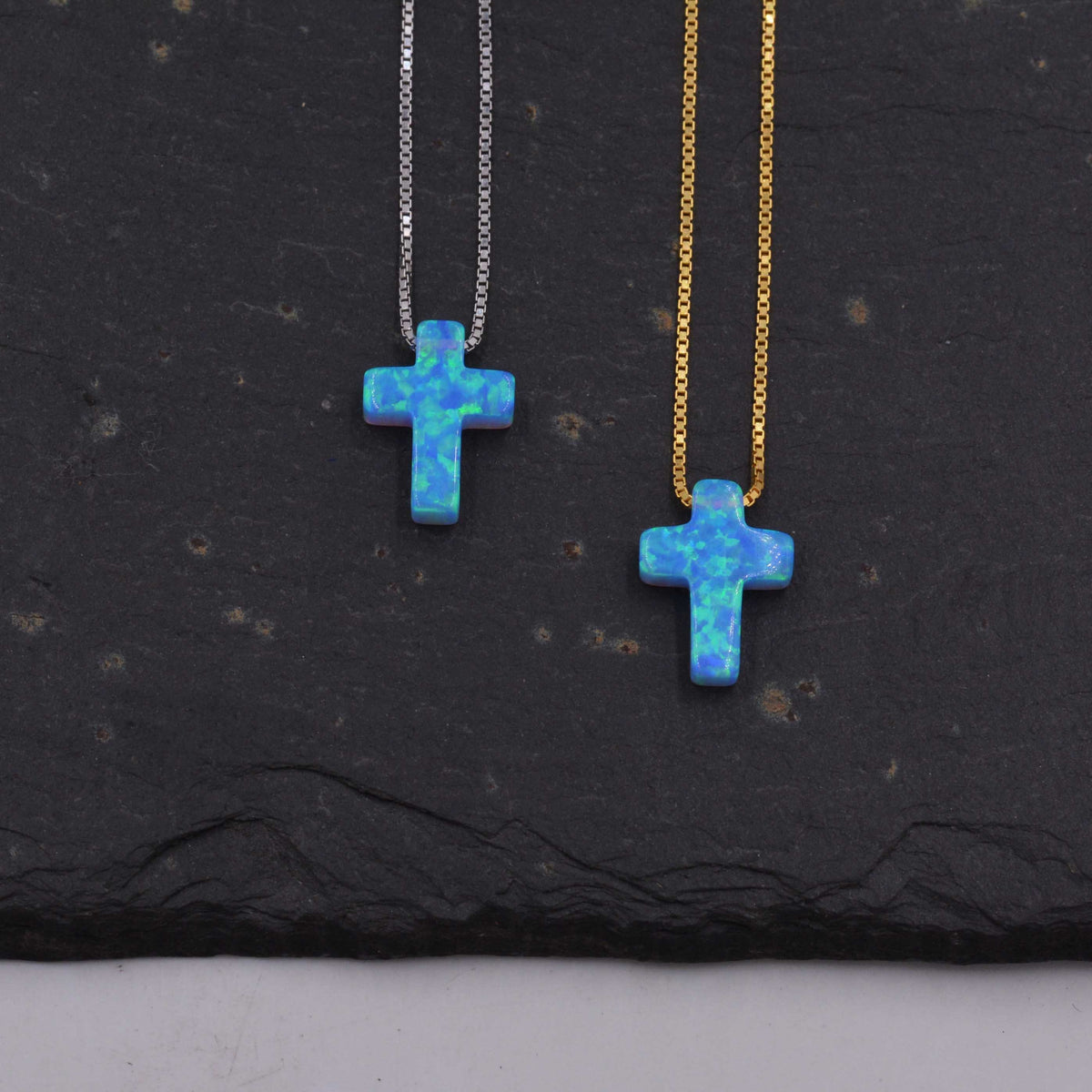 Blue Opal Cross Pendant Necklace