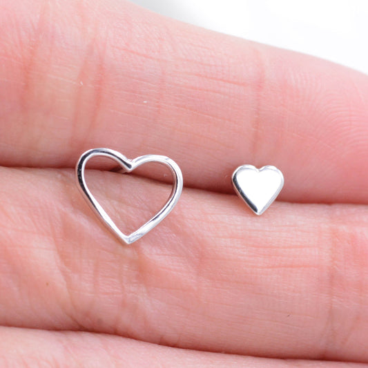 Sterling Silver Mismatched Asymmetric Big Heart Little Heart Stud Earrings,  Cute, Fun and Quirky Jewellery A16