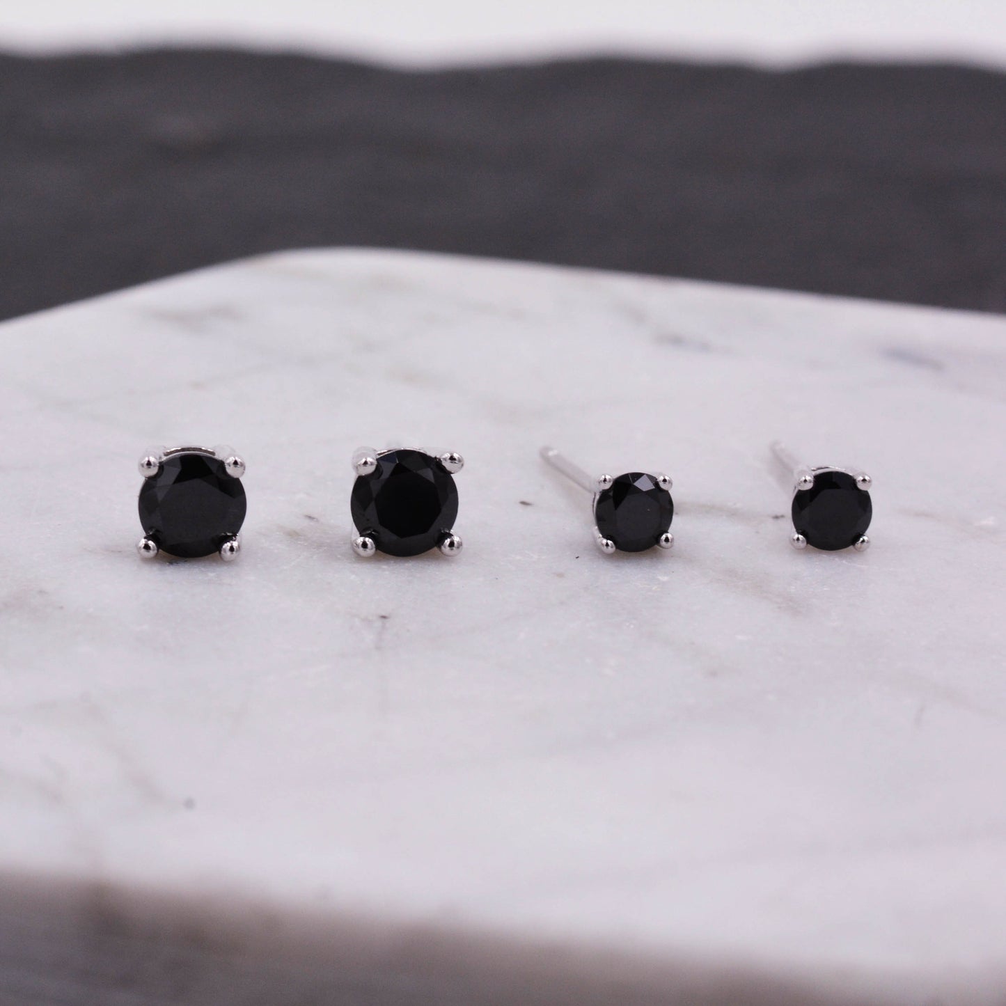 Sterling Silver CZ Crystal Solitaire Stud Earrings, Simulated Black Diamond, Minimalist Classic and Elegant Jewellery