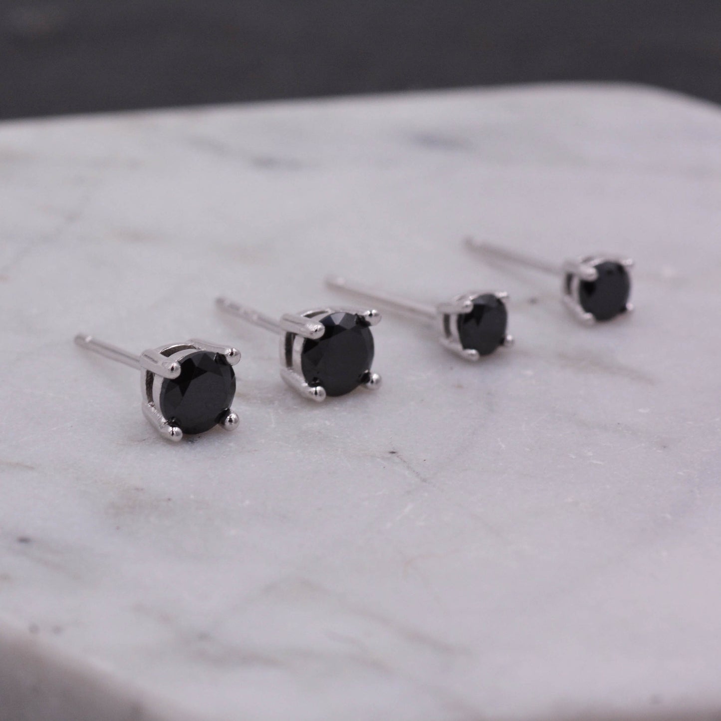 Sterling Silver CZ Crystal Solitaire Stud Earrings, Simulated Black Diamond, Minimalist Classic and Elegant Jewellery