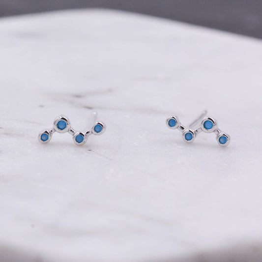 Sterling Silver Star Constellation Zigzag Stud Earrings with Tiny Turquoise Stones, Minimalist Classic and Elegant Jewellery A26