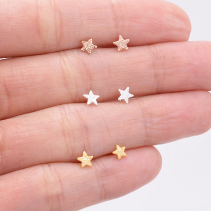 Sterling Silver Tiny Little Textured Star Stud Earrings - Cute Fun Minimalist Geometric Jewellery - Gold and Rose Gold, Textured Finish
