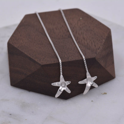 Sterling Silver Forget-me-not Flower Star Blossom Wire Ear Threader Drop Dangling Earrings  - Nature Inspired Whimsical Design C63