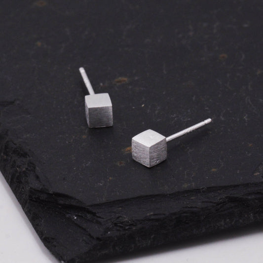 Sterling Silver Tiny 3D Square Cube Stud Earrings, Geometric Minimalist, Textured Finish Simple Design Jewellery