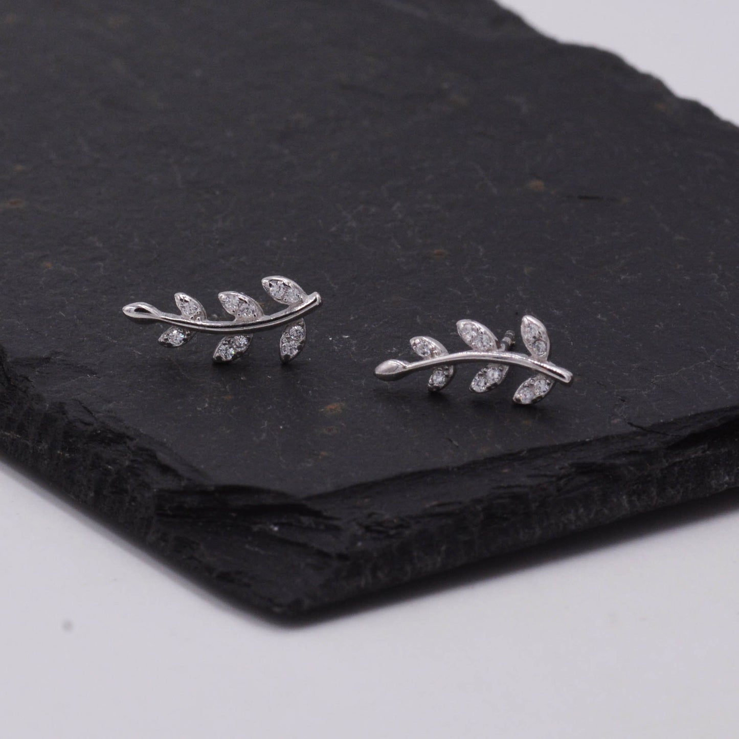 Sterling Silver  Sparkly CZ Crystal Paved Little Tree Branch Leaf Stud Earrings, Post Earrings  D31