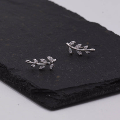 Sterling Silver  Sparkly CZ Crystal Paved Little Tree Branch Leaf Stud Earrings, Post Earrings  D31