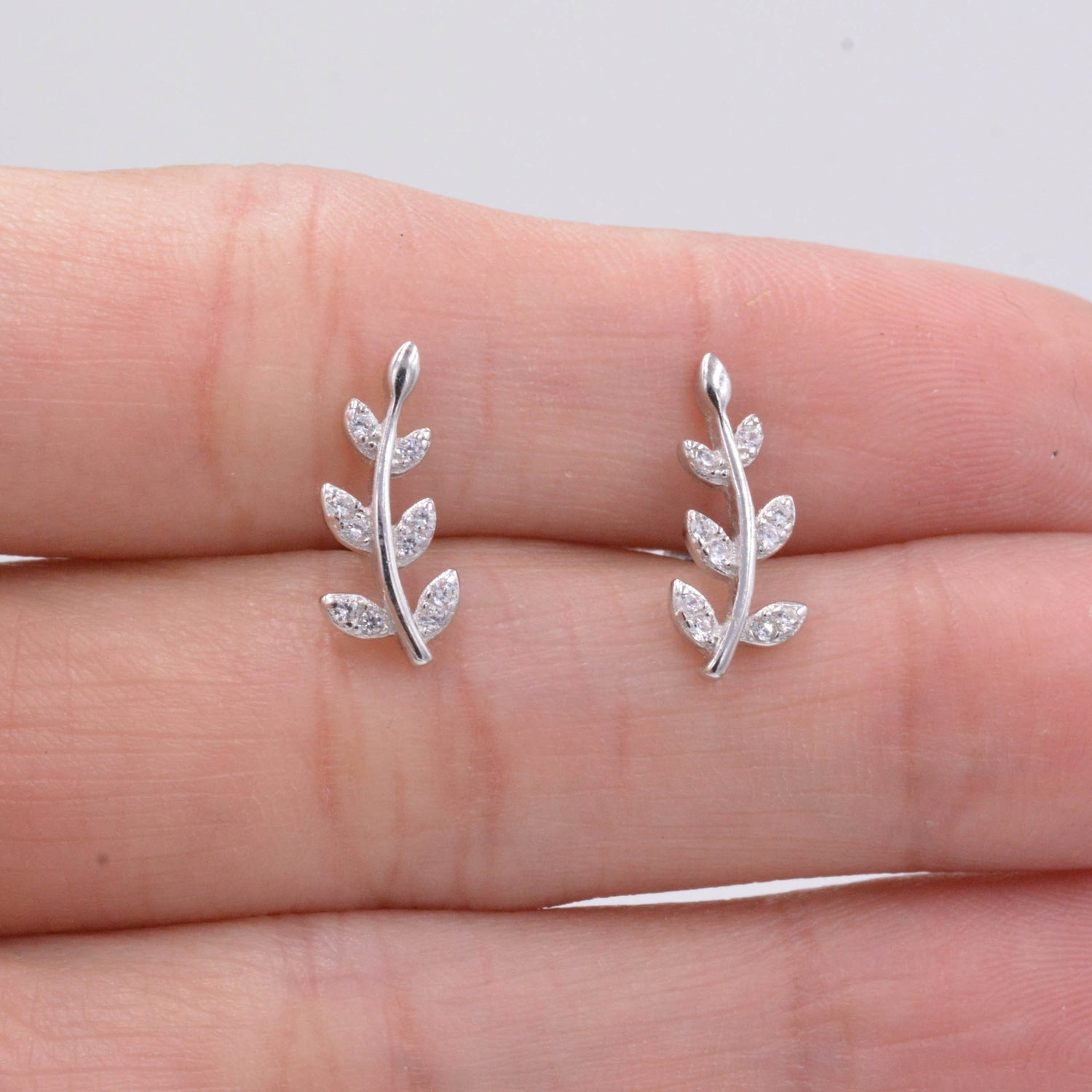 Sterling Silver  Sparkly CZ Crystal Paved Little Tree Branch Leaf Stud Earrings, Post Earrings