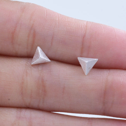 Sterling Silver Pyramid Triangle Spike Stud Earrings Minimalist Simple Design - Textured Brushed Finish or Polished