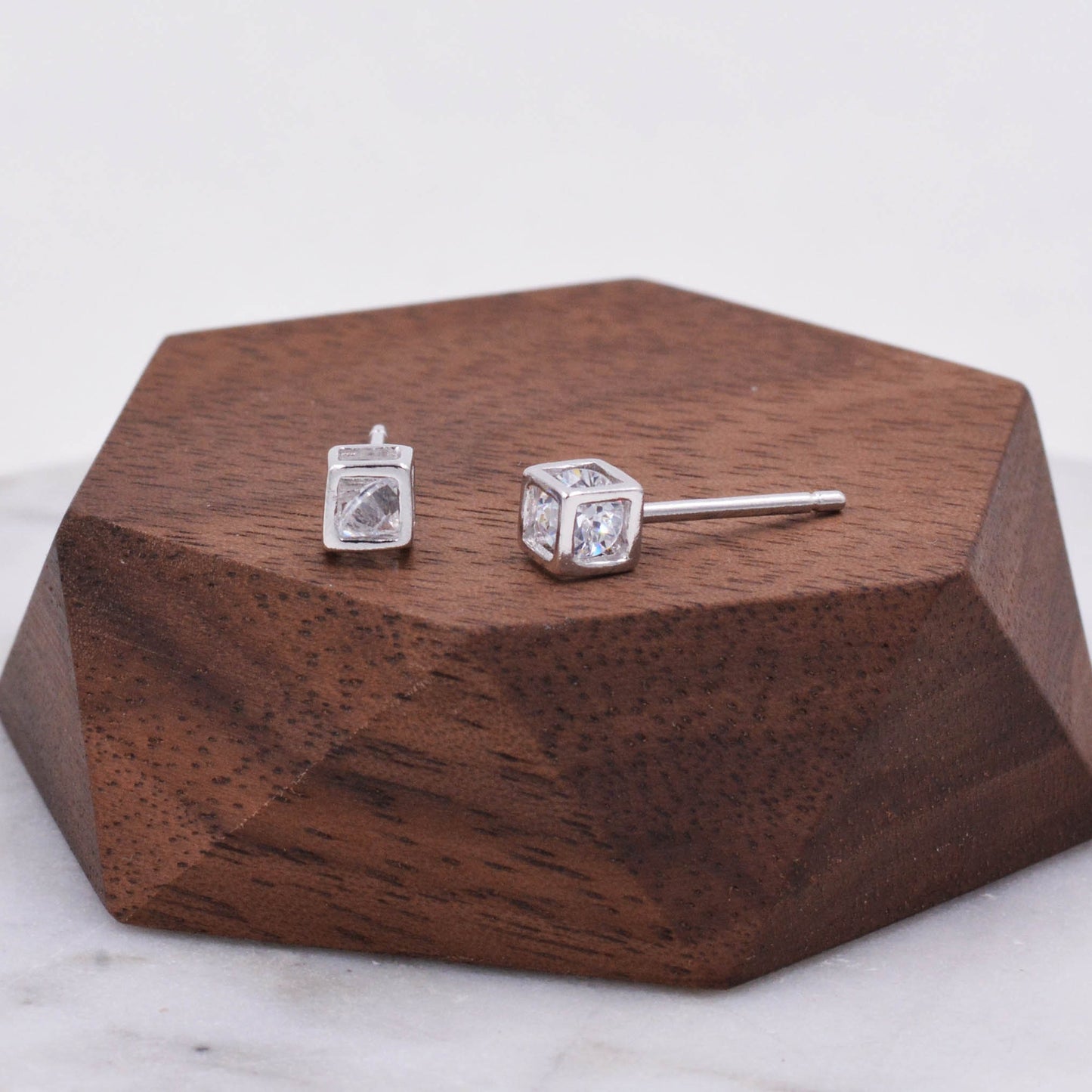 Sterling Silver &#39;&#39;Caged Diamond&#39;&#39; Cube Square Stud Earrings with a Brilliant Cut CZ Stone