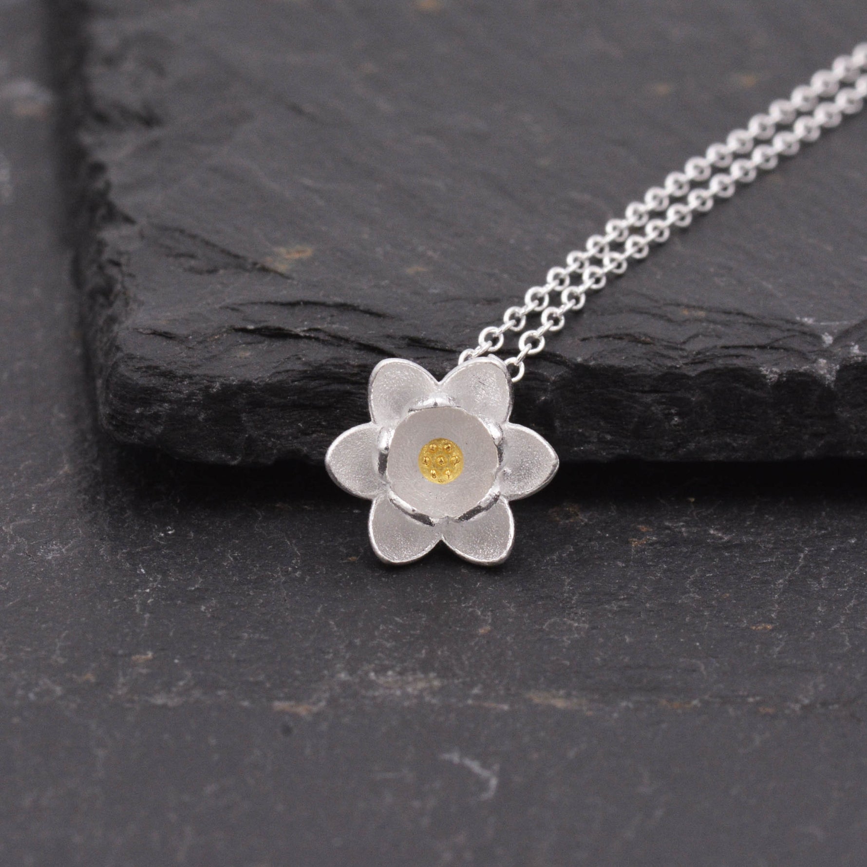 Sterling Silver Water lily Lotus Flower Blossom Pendant Necklace with Partial 18ct Gold Plating, Sweet Cute Pretty Jewellery