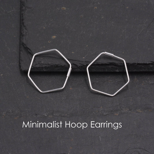 Sterling Silver Minimalist Geometric Hexagon Hoop Style Earrings, Dainty and Delicate, Geometry Modern Contemporary Design