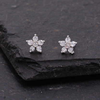 Very Sparkly Forget-me-not Flower Dainty Stud Earrings in Sterling Silver with CZ Crystals, Nature Inspired Design, Delicate and Pretty