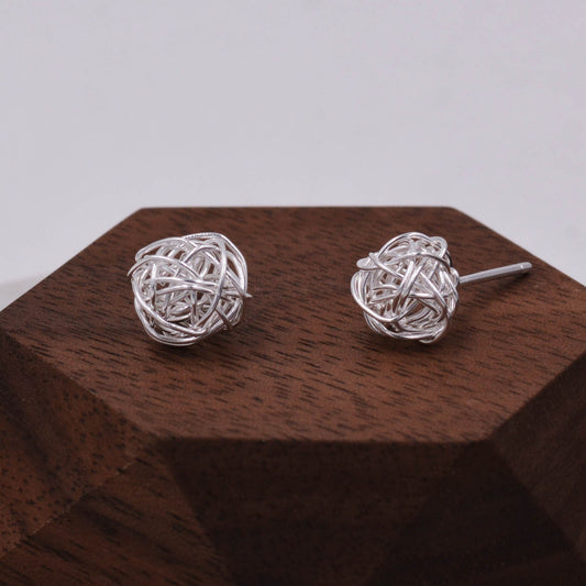 Sterling Silver Yarn ball Tumbleweed Wire Ball Stud Earrings - - Wire Wrap - Hand Woven from Sterling Silver Wire, Minimalist  Design